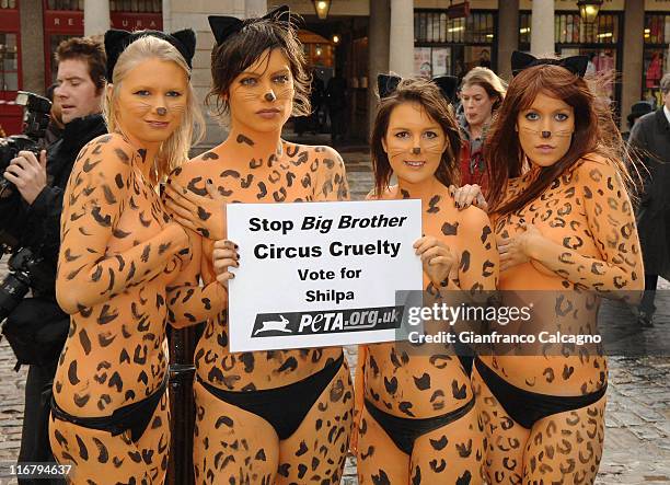 Models body painted with leopard spots show their support for PETA Ambassador and Celebrity Big Brother housemate Shilpa Shetty during in photocall...