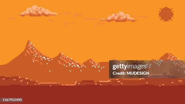 ilustrações, clipart, desenhos animados e ícones de fundo sem emenda da arte do pixel com montanhas. - desert area