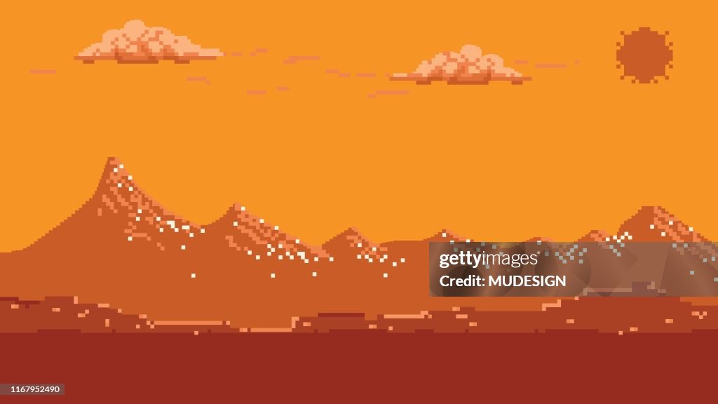 Pixel art seamless background with mountains.