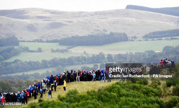 General view of spectators overlooking the 7th green during the Foursomes match on day two of the 2019 Solheim Cup at Gleneagles Golf Club,...
