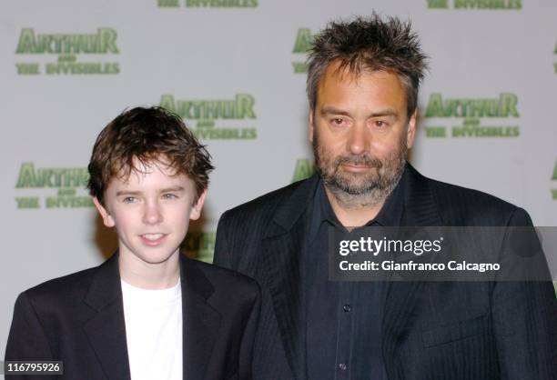 Freddie Highmore and Luc Besson, director during "Arthur And The Invisibles" - London Premiere - Green Carpet Arrivals at Vue Leicester Square in...