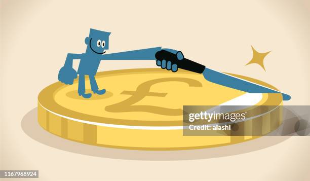 businessman holding a knife to cut a big gold pound sign currency coin - pound cake stock illustrations