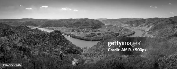 this is the wachau, bw - pano - rossatz stock pictures, royalty-free photos & images
