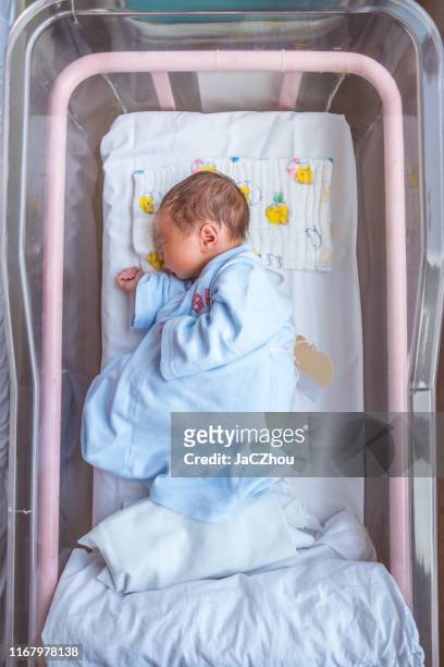 newborn baby sleeping in hospital bassinet - hospital cot stock pictures, royalty-free photos & images