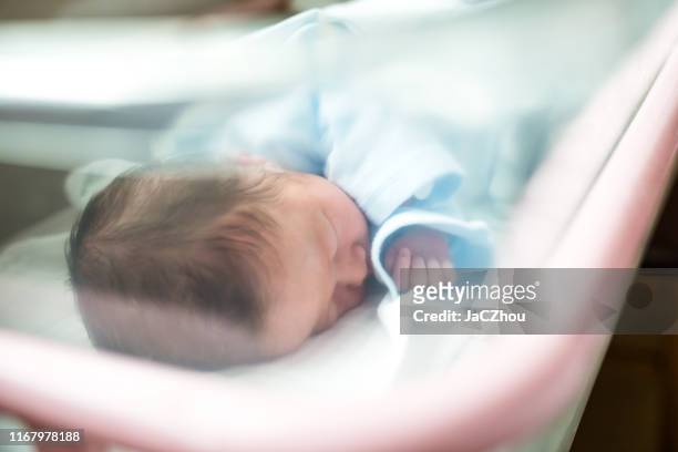neonato addormentato in culla ospedale - babies foto e immagini stock