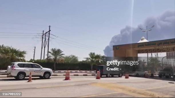 This AFPTV screen grab from a video made on September 14 shows smoke billowing from an Aramco oil facility in Abqaiq about 60km southwest of Dhahran...