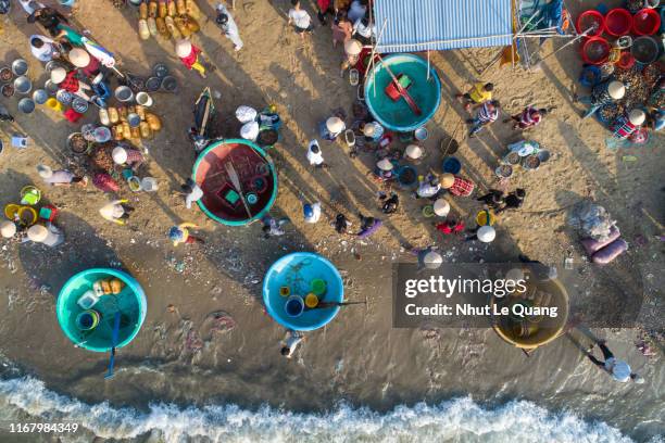 top view, aerial view fishing harbor market from a drone - vietnam market stock pictures, royalty-free photos & images