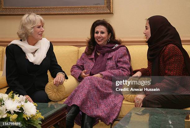 Camilla, Duchess of Cornwall chats to the Crown Princess of Kuwait after arriving at Kuwait International Airport on February 19, 2007 for the start...