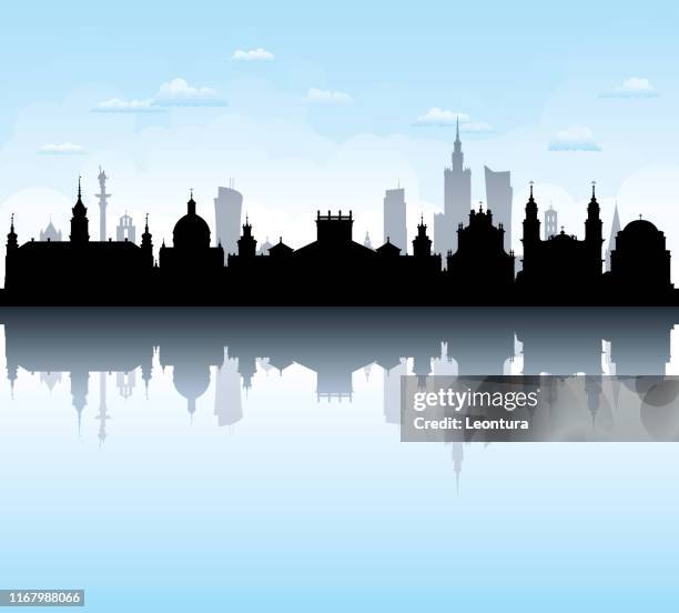 warsaw skyline (all buildings are complete and moveable) - eastern european culture stock illustrations