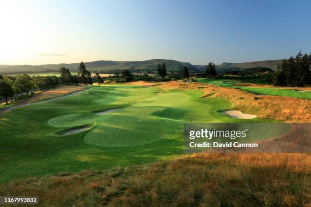 View from behind the green on the par 5, 18th hole on the PGA Centenary Course at Gleneagles on August 12, 2019 in Auchterarder, Scotland.