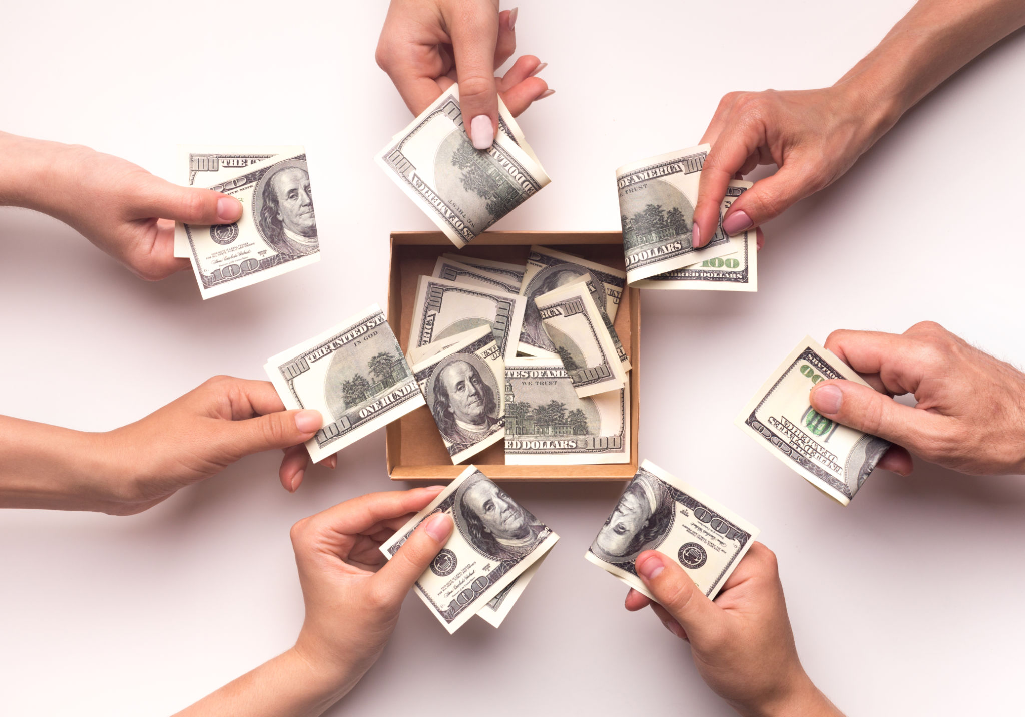 People together collecting money in box for funding them People together collecting money in box for funding them