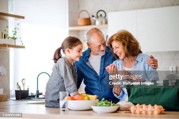 senior grandparents and granddaughter unpacking shoping indoors in kitchen. - granny flat stock pictures, royalty-free photos & images