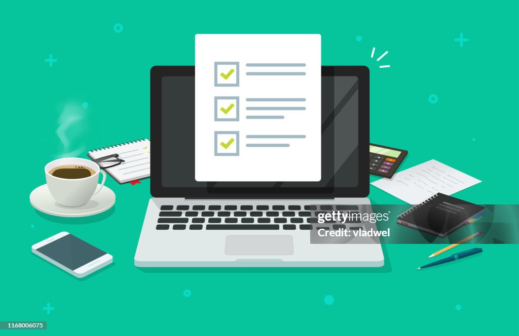 Checklist document in laptop and working desk vector. Cartoon computer with checkmarks document or to do list with checkboxes, concept of survey. Online quiz or done test, feedback or workplace table