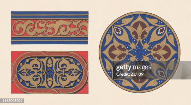moorish and arabic ornaments, chromolithograph, published in 1881 - arab culture stock illustrations