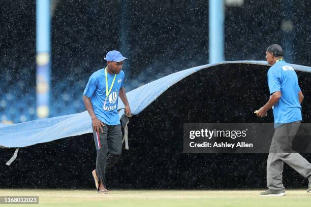 Rain causes a delay during the third MyTeam11 ODI between the West Indies and India at the Queen's Park Oval on August 14, 2019 in Port of Spain,...