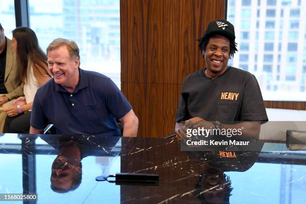 Commissioner Roger Goodell and Jay Z at the Roc Nation and NFL Partnership Announcement at Roc Nation on August 14, 2019 in New York City.