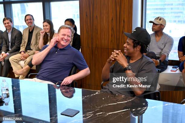 Commissioner Roger Goodell and Jay Z at the Roc Nation and NFL Partnership Announcement at Roc Nation on August 14, 2019 in New York City.