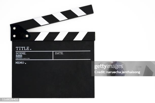 clapper board on white background. - claqueta de cine fotografías e imágenes de stock