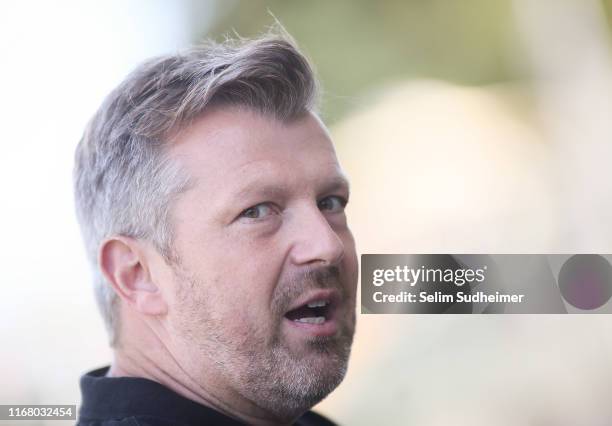 Headcoach Sven Huebscher of Preussen Muenster looks on prior to the 3. Liga match between Preussen Muenster and FC Viktoria Koeln at Preussenstadion...