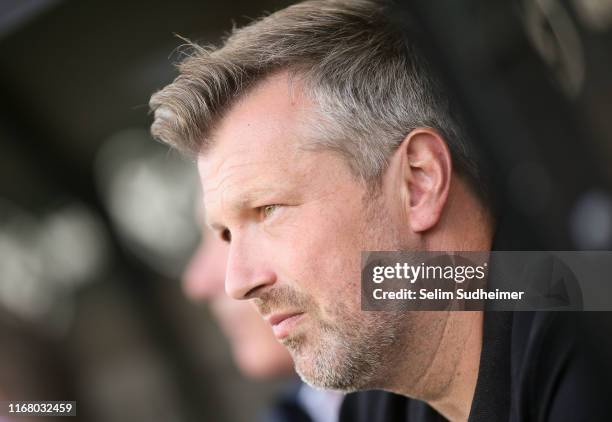 Headcoach Sven Huebscher of Preussen Muenster looks on prior to the 3. Liga match between Preussen Muenster and FC Viktoria Koeln at Preussenstadion...