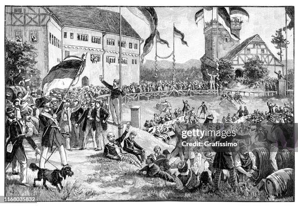 studenten und politiker feiern fest auf der wartburg deutschland 1848 - deutsche kultur stock-grafiken, -clipart, -cartoons und -symbole