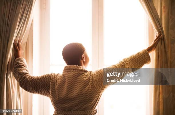 what a fantastic day it is outside - woman bathrobe stock pictures, royalty-free photos & images