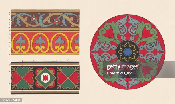 arabian, pompeian, byzantine, and romanesque ornaments, chromolithograph, published in 1881 - embellishment stock illustrations