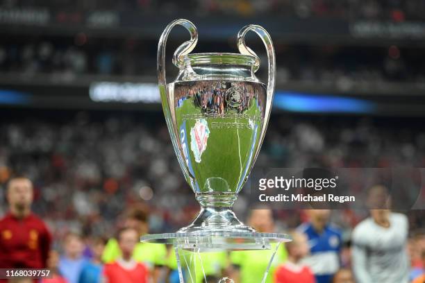 The UEFA Champions League trophy is seen prior to the UEFA Super Cup match between Liverpool and Chelsea at Vodafone Park on August 14, 2019 in...