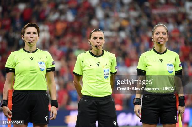 Match referee Stephanie Frappart looks on with assistant referees, Manuela Nicolosi and Michelle O'Neill during the UEFA Super Cup match between...