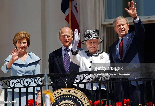 Queen Elizabeth II and the President of the United States of America George W. Bush are accompanied by their spouses, Prince Philip, Duke of...