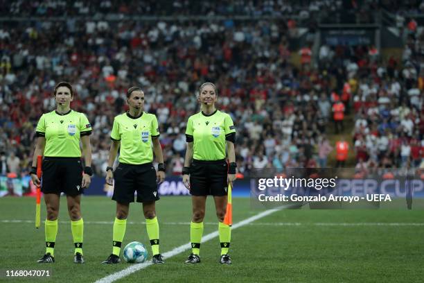 Assistant referee, Michelle O Neill , match referee Stephanie Frappart and assistant referee Manuela Nicolosi look on during the UEFA Super Cup match...