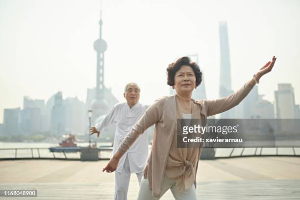 pareja china senior en tai chi pose en waitan waterfront - view into land fotografías e imágenes de stock