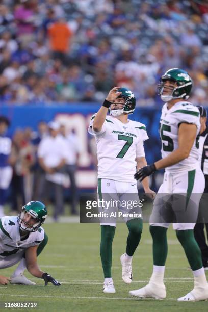 Kicker Chandler Catanzaro of the New York Jets in action against the New York Giants during their Preseason game at MetLife Stadium on August 08,...