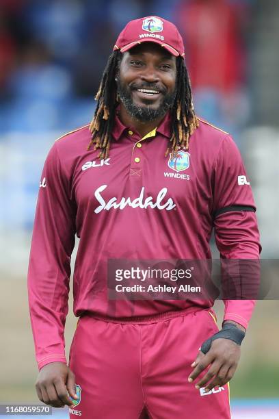 Chris Gayle of the West Indies during the third MyTeam11 ODI between the West Indies and India at the Queen's Park Oval on August 14, 2019 in Port of...