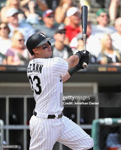 James McCann of the Chicago White Sox hits the game-winning, grand slam home run in the 8th inning against the Houston Astros at Guaranteed Rate...