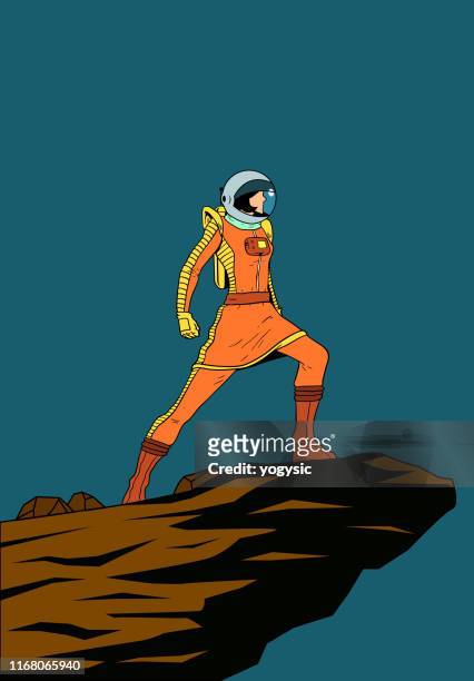 vektor retro weibliche astronaut illustration - forschungsreisender stock-grafiken, -clipart, -cartoons und -symbole