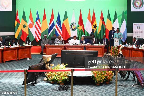 This picture taken on September 14 shows a general view of the conference room during the opening ceremony of ECOWAS G5 security summit in...