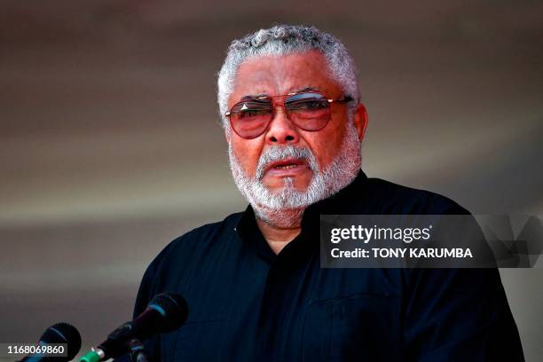 Former Ghana President Jerry Rawlings gives an address to heads of state and members of the public on September 14, 2019 during a farewell ceremony...