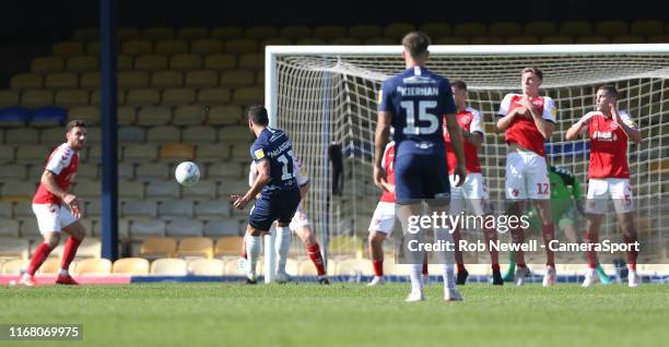 Southend United's Stephen McLaughlin scores his side's first goal during the Sky Bet League One match between Southend United and Fleetwood Town at...