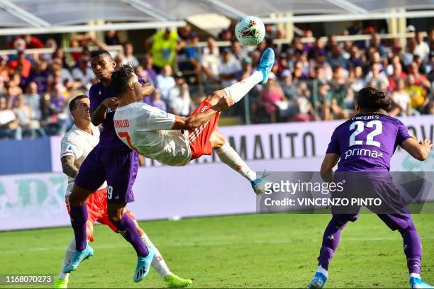 Juventus' Portuguese forward Cristiano Ronaldo performs an overhead kick during the Italian Serie A football match Fiorentina vs Juventus on...