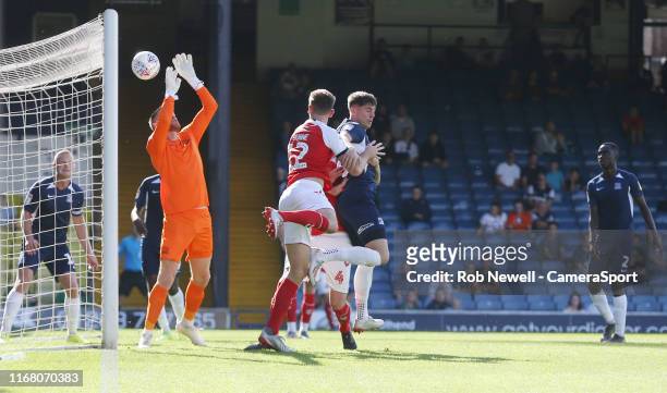 Fleetwood Town's Jimmy Dunne scores his side's first goal during the Sky Bet League One match between Southend United and Fleetwood Town at Roots...