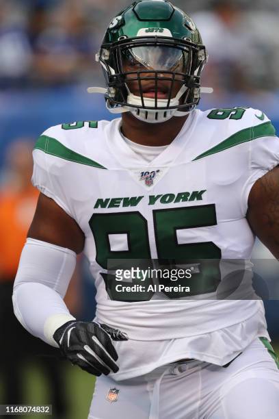 Defensive Lineman Leonard Williams of the New York Jets in action against the New York Giants during their Preseason game at MetLife Stadium on...