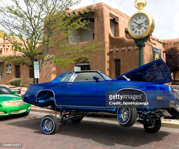 santa fe, nm: lowrider car on historic santa fe plaza - low rider stock pictures, royalty-free photos & images