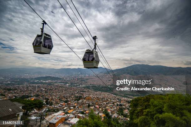 cable cars on top of medellin city in cloudy weather - メデリン ストックフォトと画像