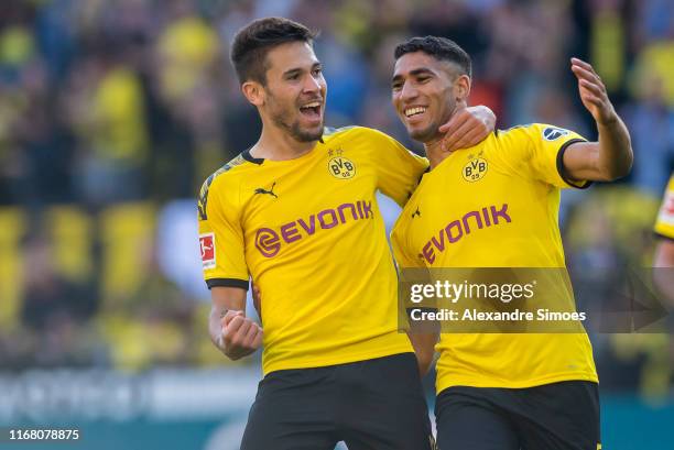 Raphael Guerreiro of Borussia Dortmund celebrates scoring his goal to the 3:0 during the Bundesliga match between Borussia Dortmund and Bayer 04...