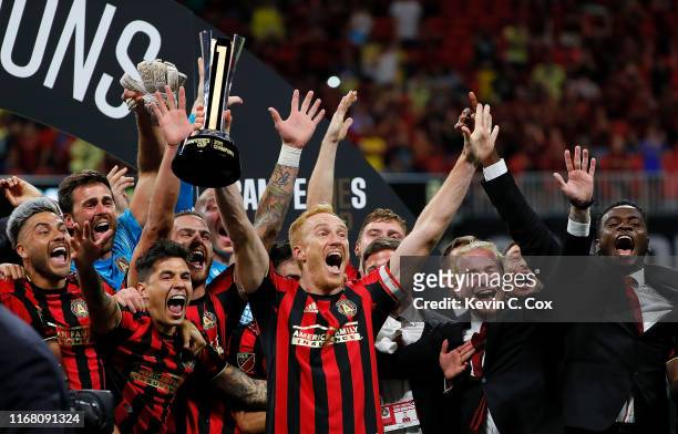 Atlanta United celebrates winning the Campeones Cup 3-2 between Club America and Atlanta United at Mercedes-Benz Stadium on August 14, 2019 in...