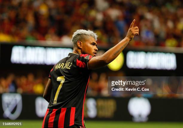 Josef Martinez of Atlanta United reacts after scoring the third goal on a penalty kick against the Club America during the final of the Campeones Cup...