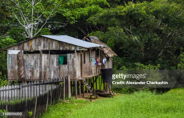 old decaying stilt house with colorful clothes drying on a rope in amazon rainforest - amazonas colombia foto e immagini stock
