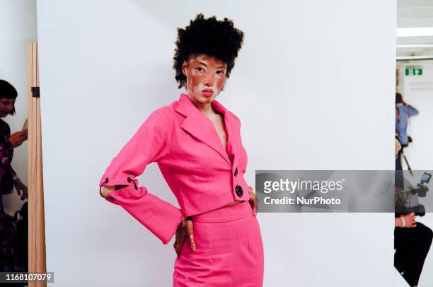 Models are seen in the backstage prior to the FAD catwalk during London Fashion Week September 2019, London, on September 13, 2019.