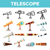 Telescope Icon Set Vector. Spyglass Discover Tool. Astronomy Science Magnify Instrument. Learning Universe. Planetarium Watching Lens. Line, Flat Illustration